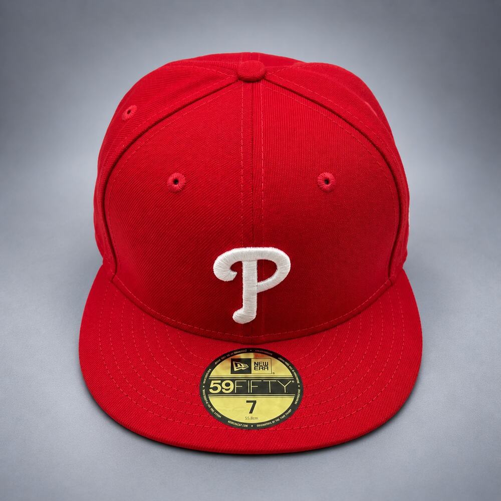 New Era Philadelphia Phillies 59FIFTY Fitted Hat — Red / White - Size 7 (RH-058)